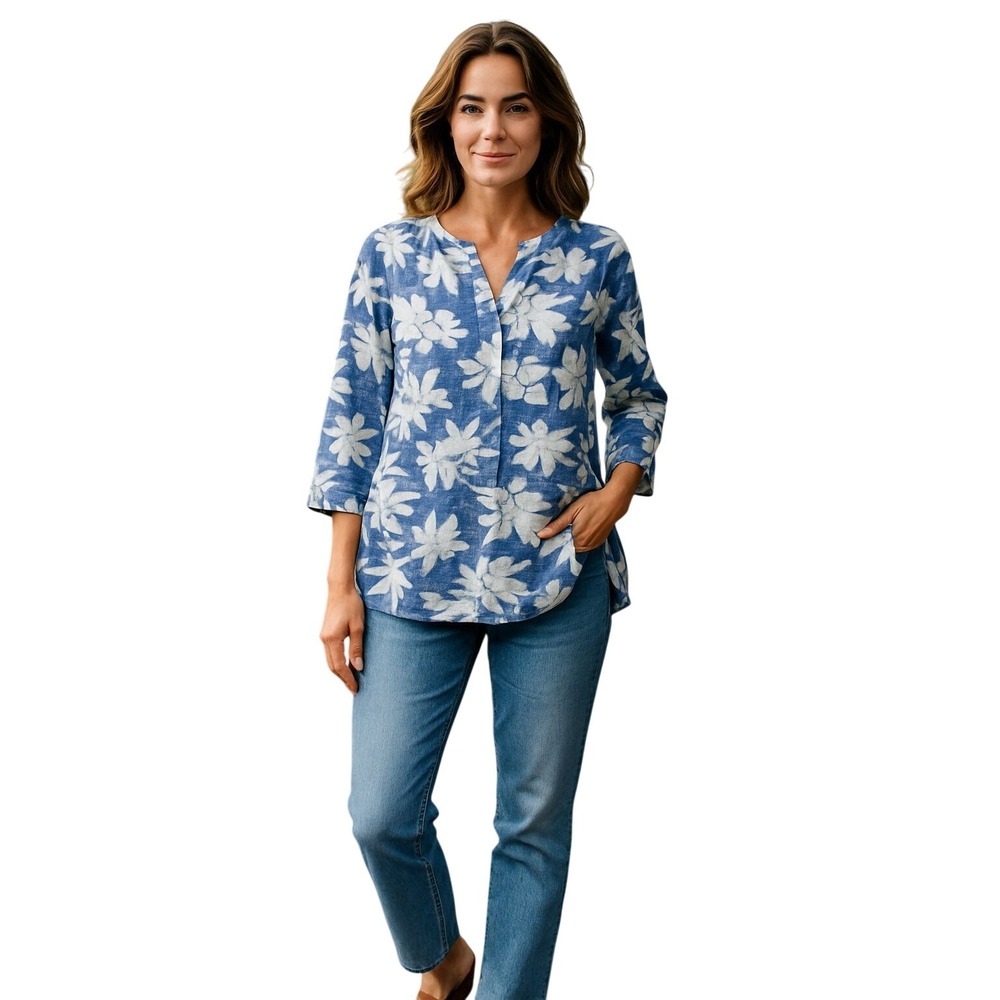 Emily Daniels Womens Floral Button Up 3/4 Sleeve Top Blouse Blue‎ White 1X